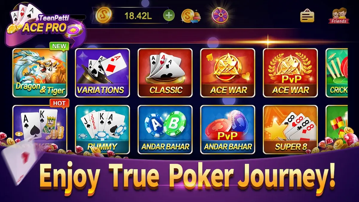 A vibrant screenshot of the Teen Patti Ace Pro game interface on a mobile phone.